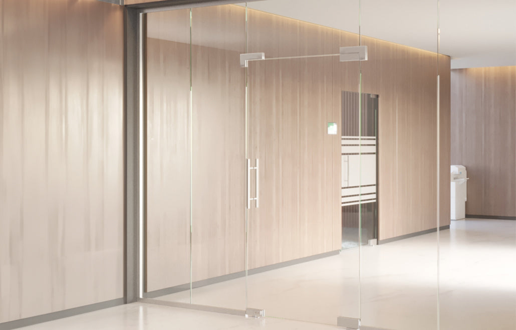 Glass Partition with Swing Door – Spring System